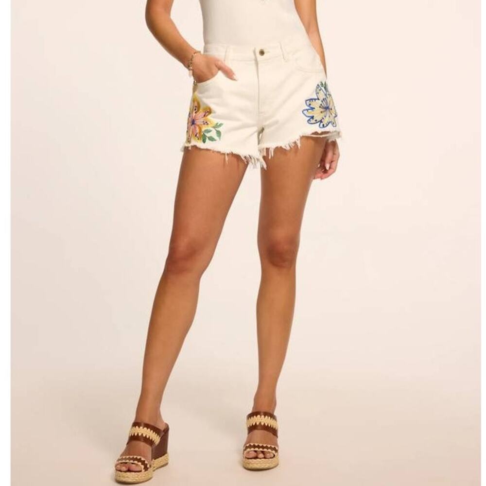 Ramy Brook Bria Floral Embroidered Denim Short White 28 NWT Coastal Chic Cowgirl